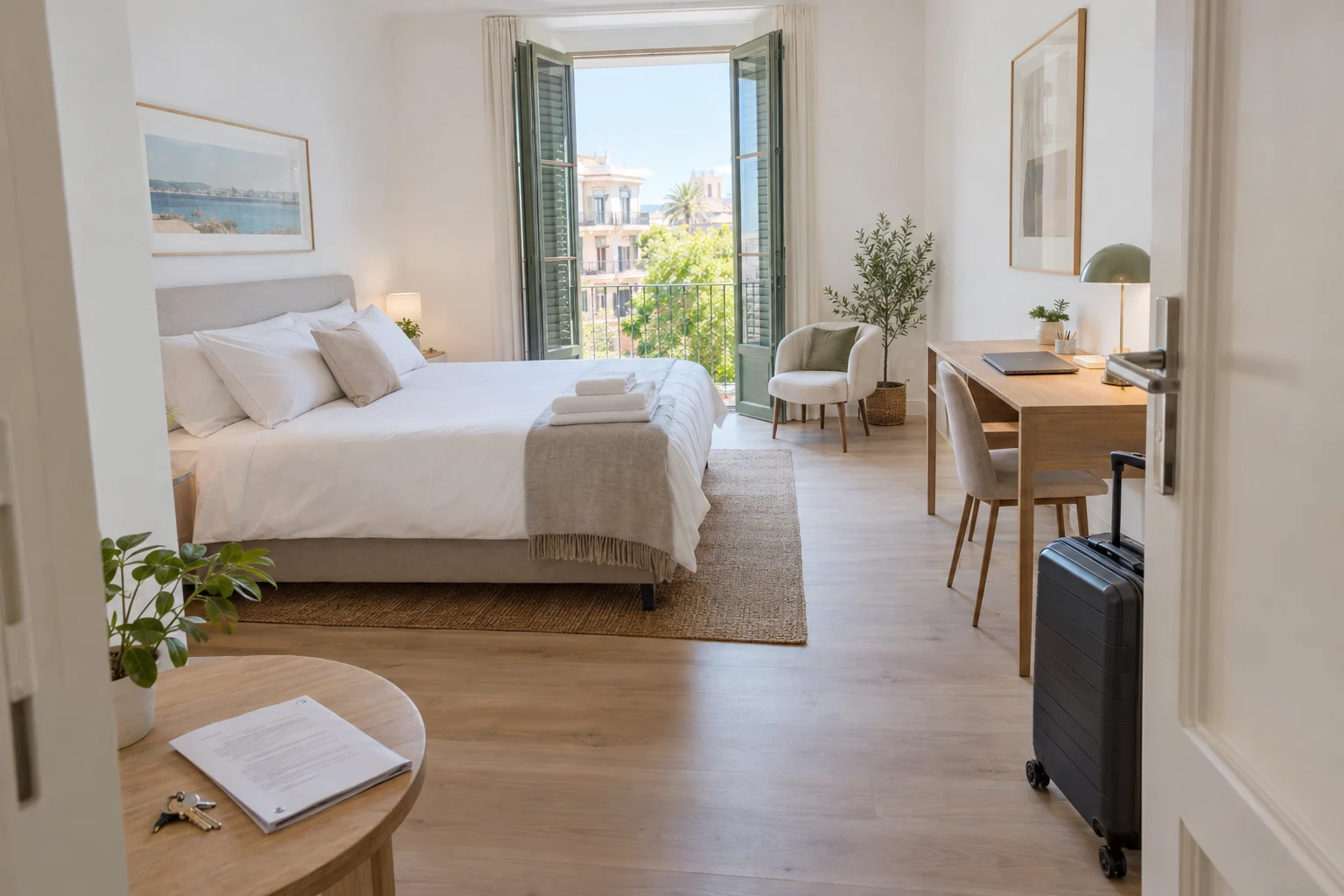 Estudio amueblado en Palma con maleta junto a la puerta y contrato sobre la mesa: alquiler de temporada en Mallorca