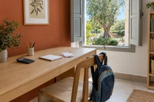 Escritorio de una casa en Marratxí con calculadora, recibos y una mochila escolar en la silla: cómo calcular la pensión de alimentos
