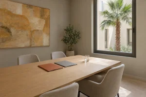 Sala de reuniones de un administrador concursal en Palma con dos carpetas: calificación del concurso, culpable o fortuito