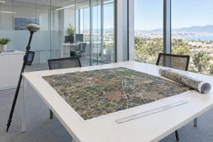 Plano de parcelas desplegado sobre una mesa en una oficina técnica de Palma: qué prevalece si Catastro y Registro no coinciden