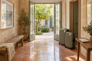 Recibidor de una casa de piedra restaurada en Santanyí con dos maletas recién llegadas: comprar vivienda en Mallorca siendo extranjero