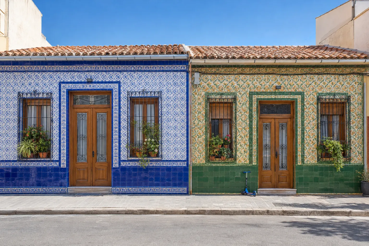 Dos casas vecinas con fachada de azulejo valenciano en el Cabanyal, dos hogares para los hijos: custodia compartida en Valencia