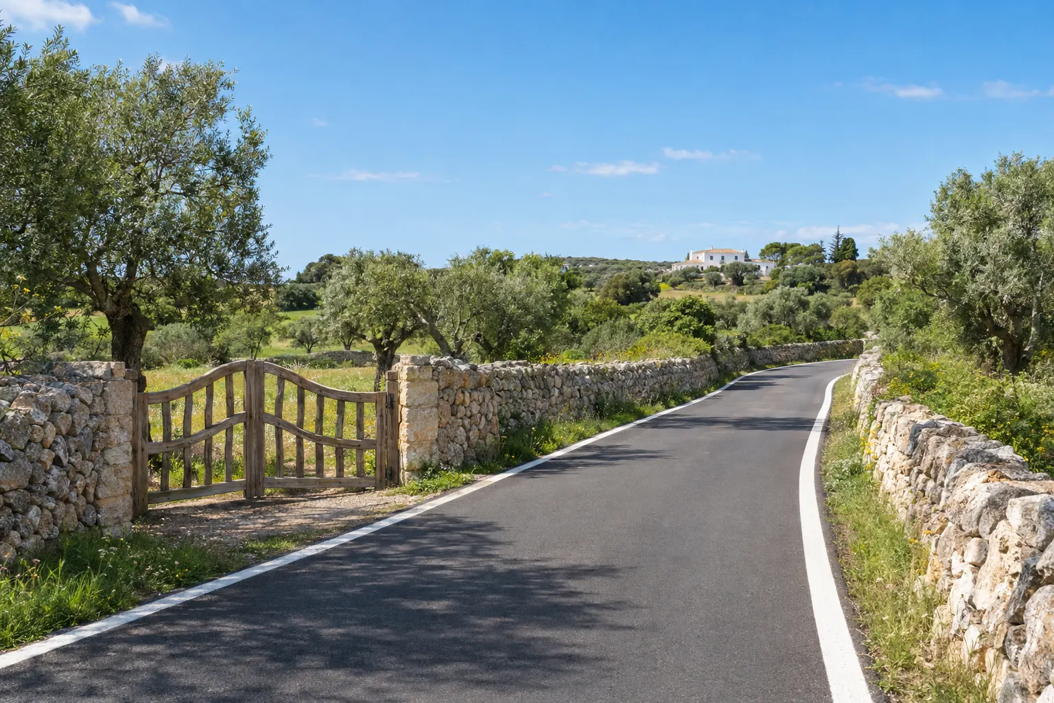 Carretera rural vacía entre paredes de piedra seca cerca de Ciutadella, a mediodía: el delito de alcoholemia en Menorca