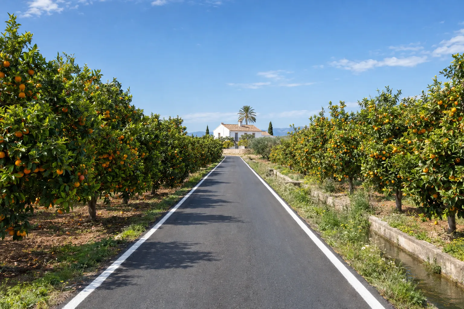 Carretera vacía y bien asfaltada entre naranjos en la huerta de Valencia a mediodía: qué es el delito de alcoholemia al volante