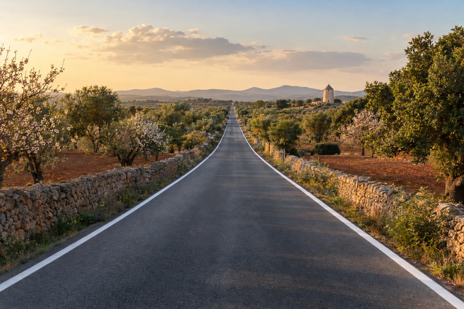 Carretera recta y vacía entre almendros en el Pla de Mallorca, a la luz de la tarde: el delito por exceso de velocidad