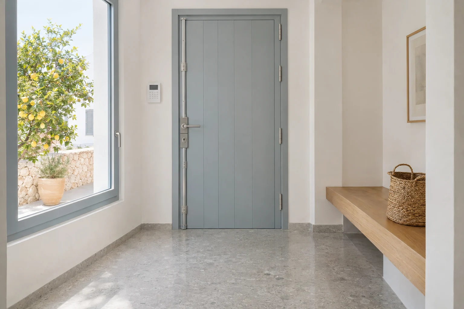 Recibidor de una casa reformada en Ciutadella con la puerta de seguridad cerrada y la alarma: el delito de robo en Menorca