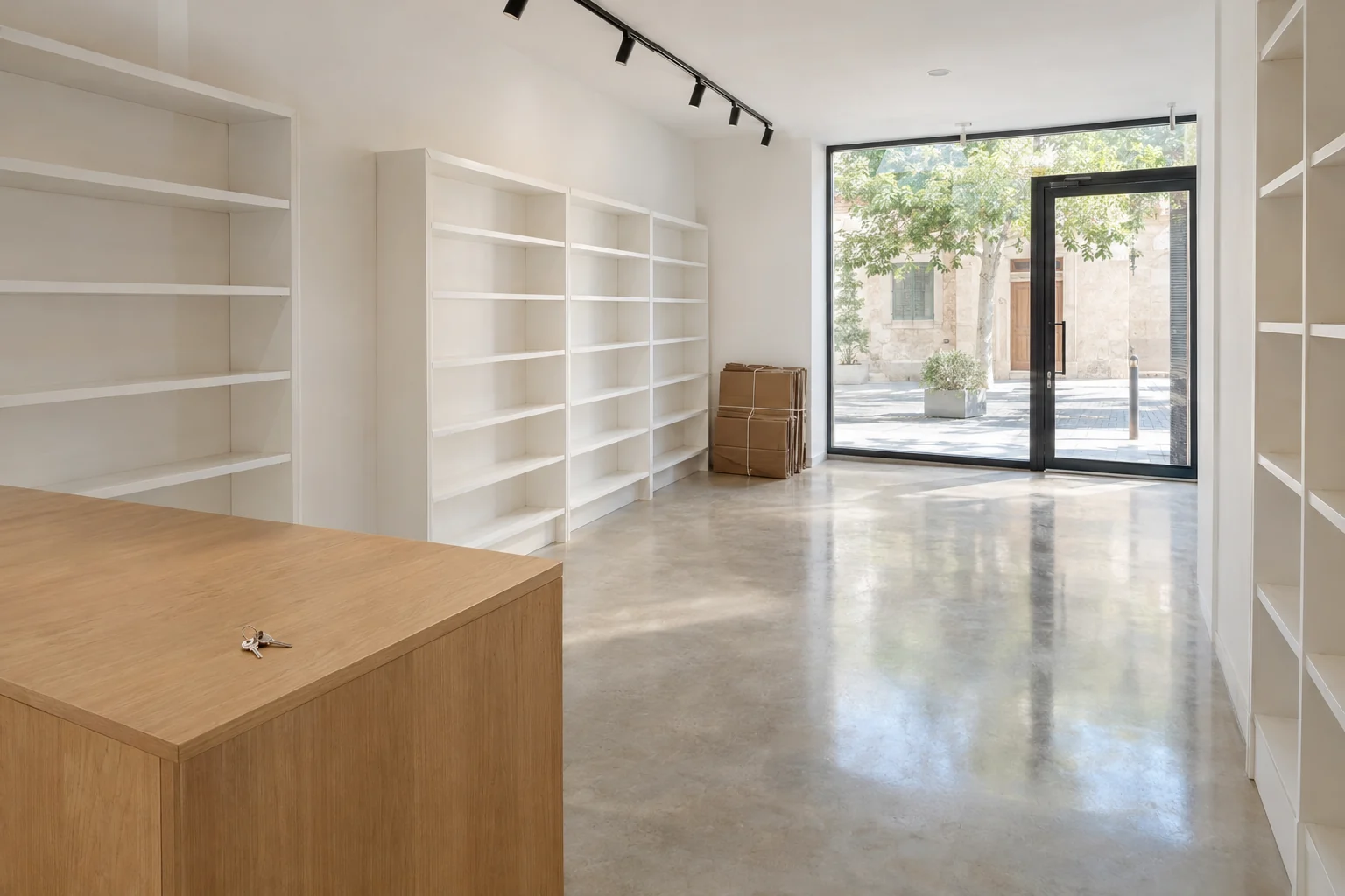 Tienda vacía y limpia en Manacor con las estanterías despejadas y las llaves en el mostrador: desahucio de local comercial