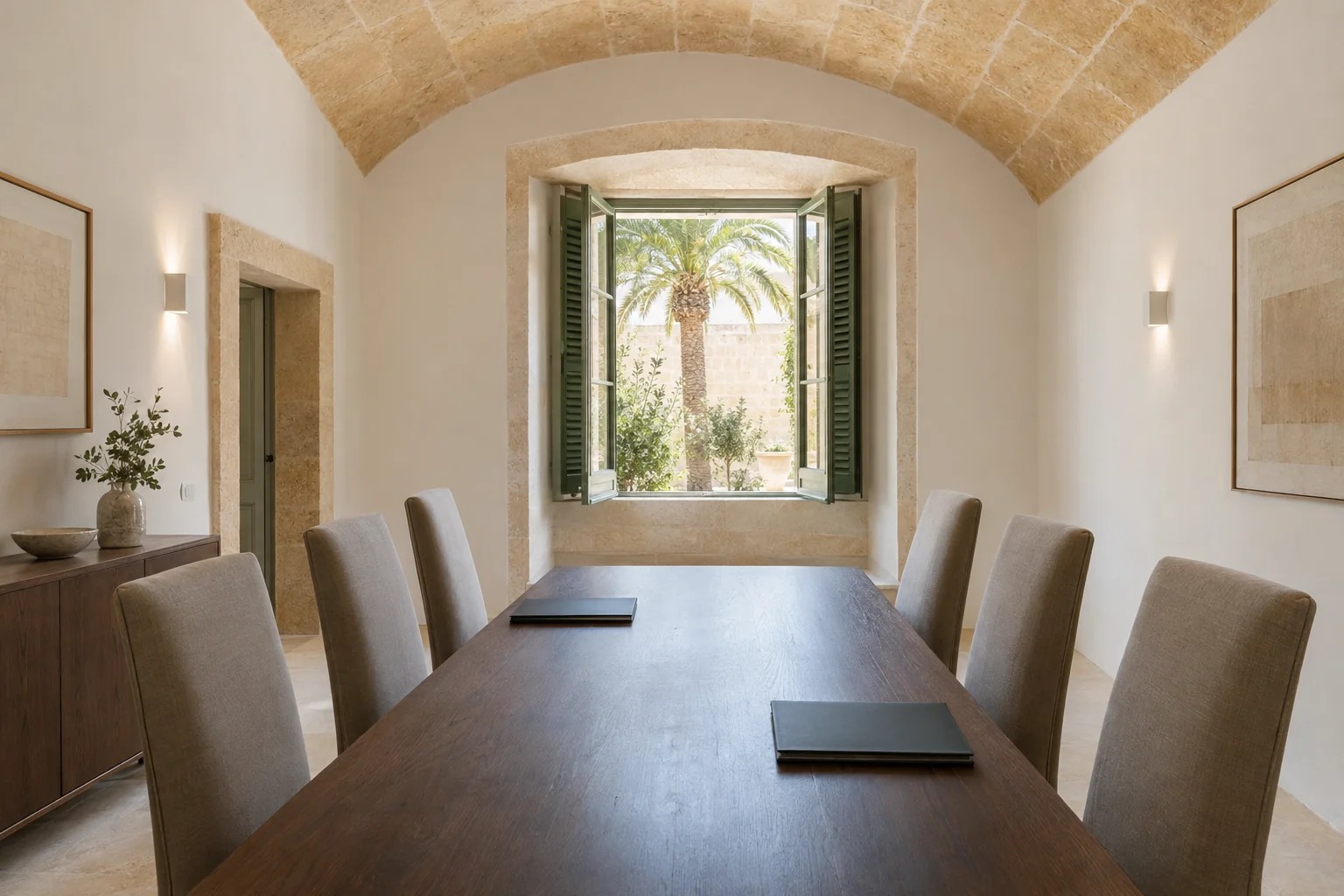 Sala de reuniones con bóveda de marès en un despacho de Ciutadella y dos carpetas enfrentadas: divorcio contencioso en Menorca