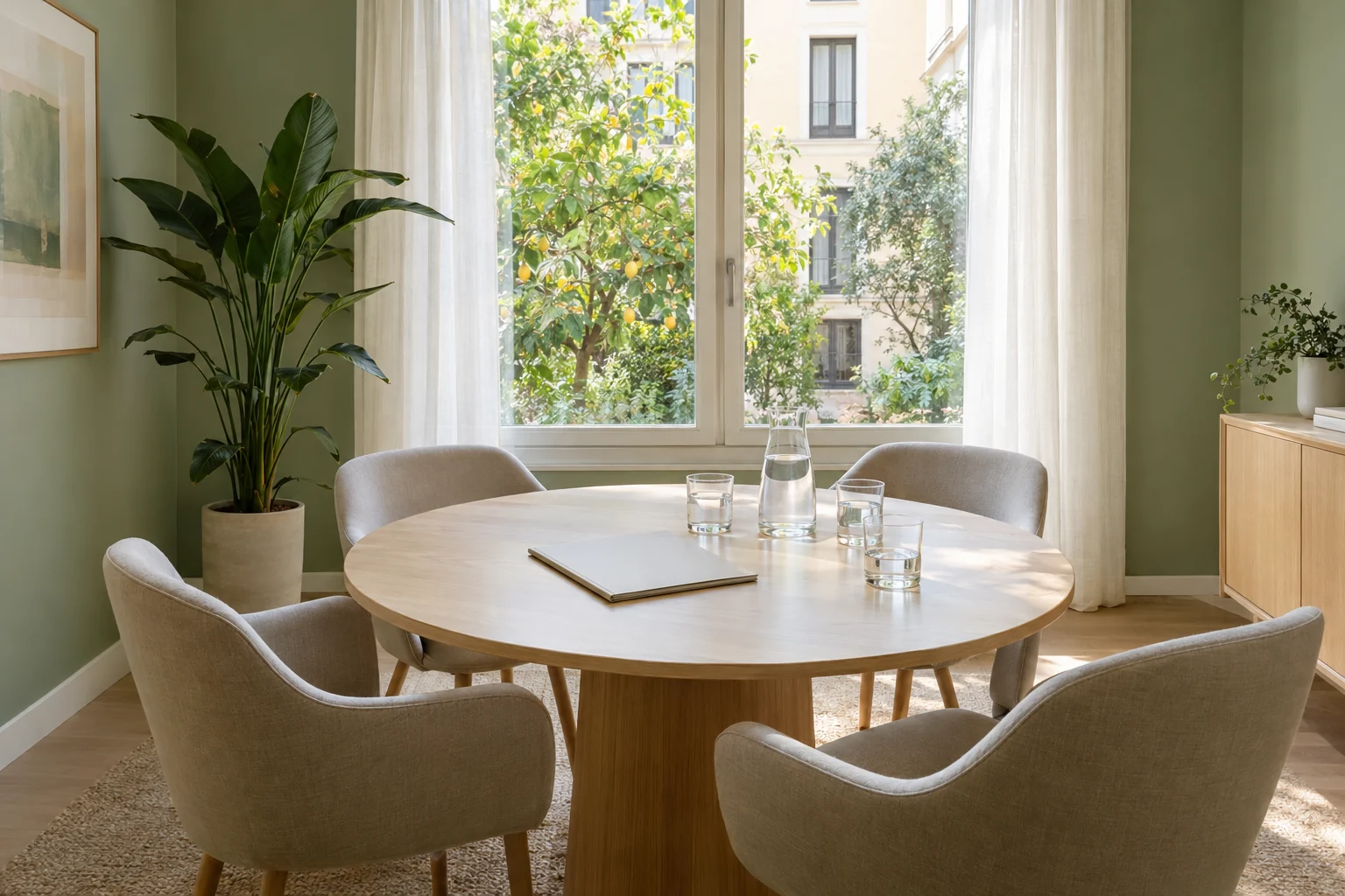 Sala de mediación en Palma con una mesa redonda y una sola carpeta en el centro: divorcio de mutuo acuerdo, lo que hay que saber