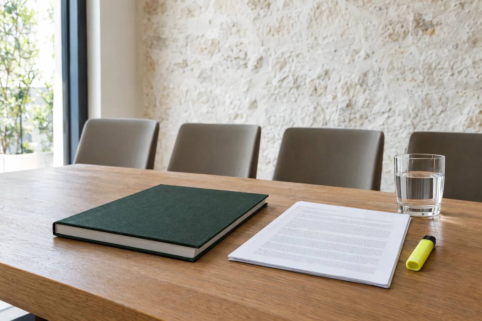 Libro de actas de la comunidad junto a una copia del acta sobre la mesa de reuniones: impugnación de la junta de propietarios