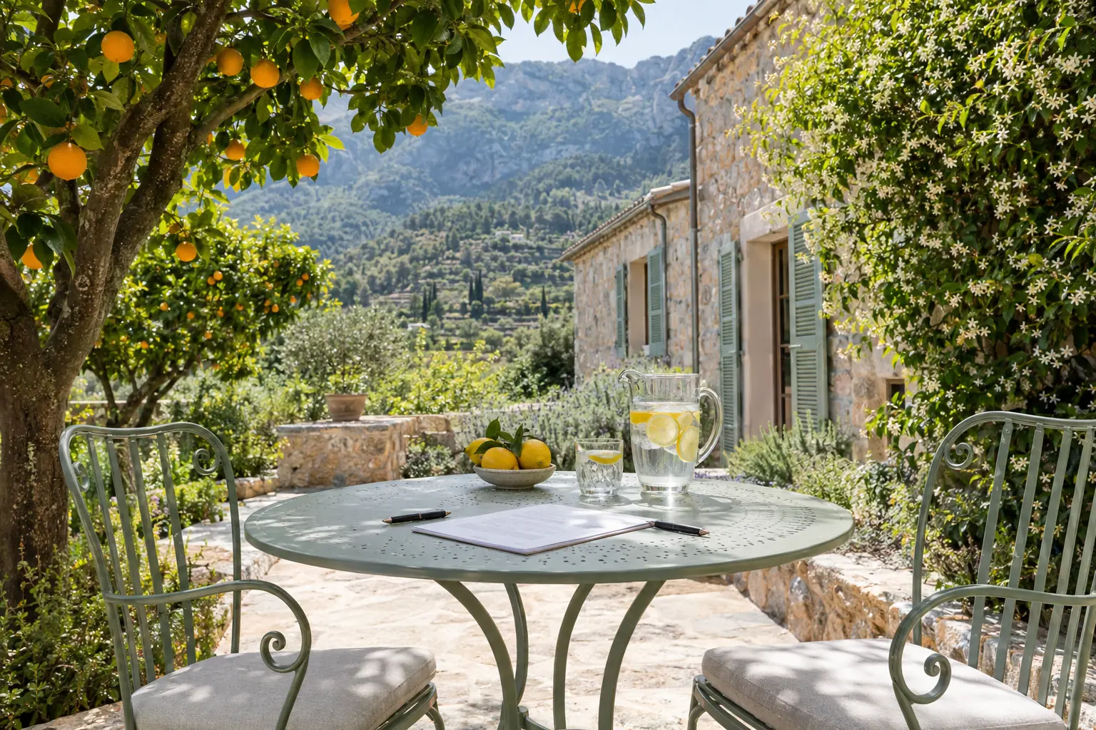 Mesa de jardín entre naranjos en Sóller con un nuevo convenio sobre la mesa: modificación de medidas en Mallorca
