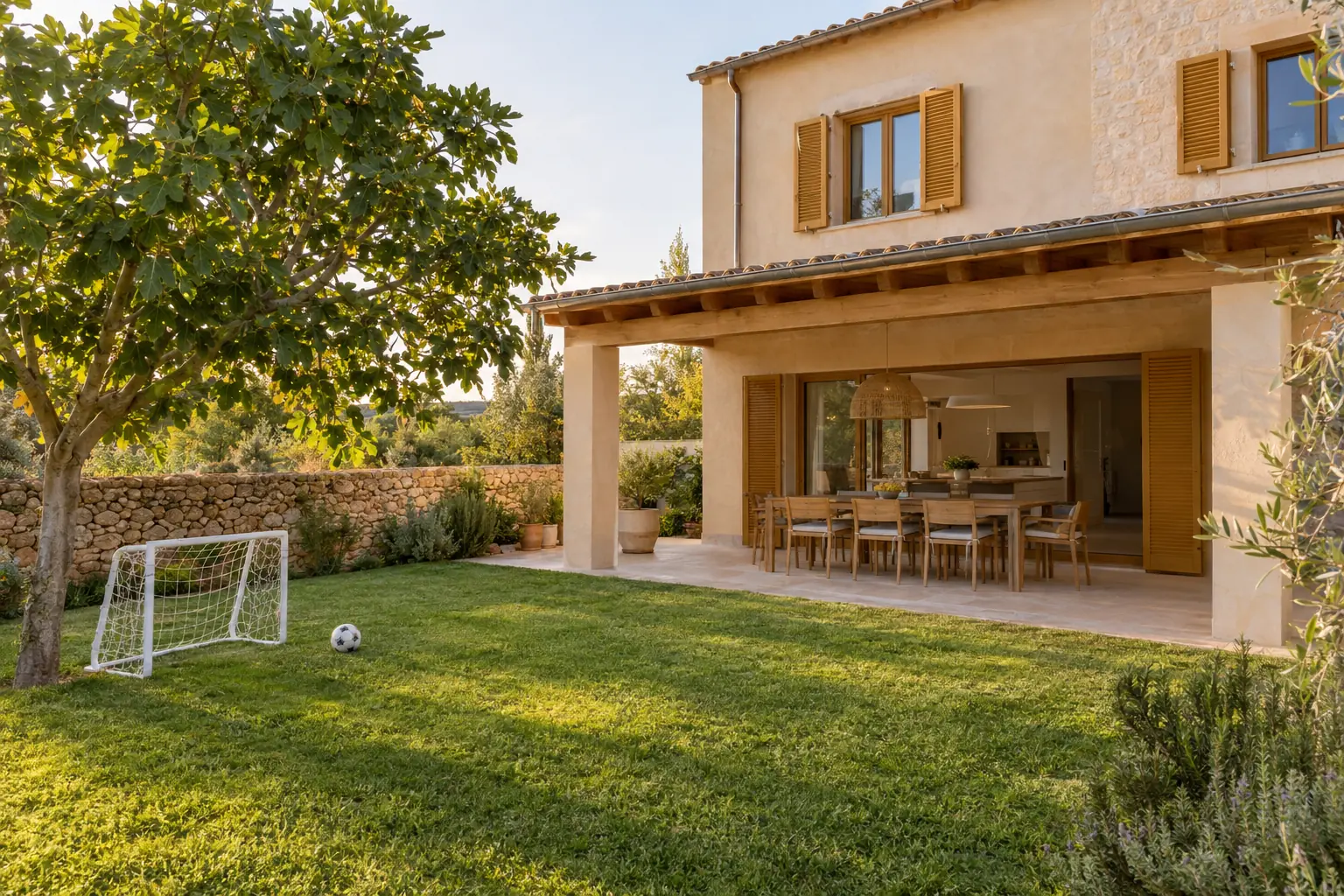 Jardín de una casa familiar en Campos con una portería infantil y un balón: pensión de alimentos de los hijos en Mallorca