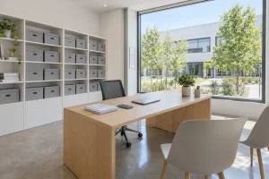 Despacho luminoso de una pequeña empresa de Mallorca con facturas sobre la mesa, para reclamar una deuda a un cliente