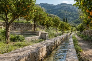 Acequia de piedra que cruza varios huertos de naranjos en Sóller: qué son las servidumbres y cómo afectan a la propiedad
