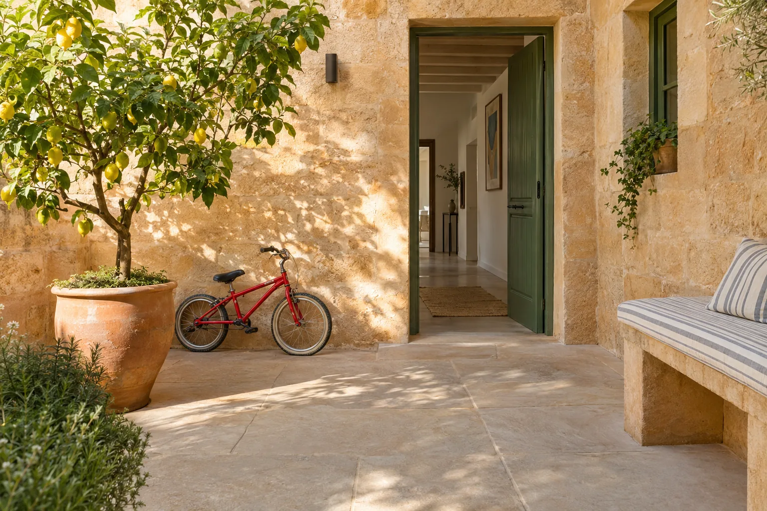 Patio de una casa de piedra en Santanyí con una bicicleta infantil junto a la pared: hacer testamento teniendo un solo hijo
